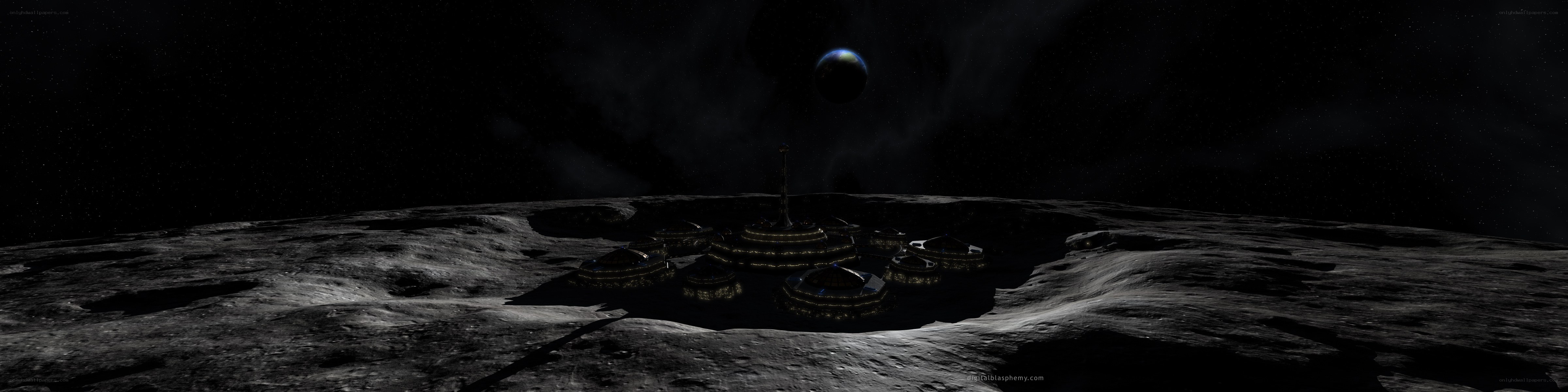 Moon base with planet in sky