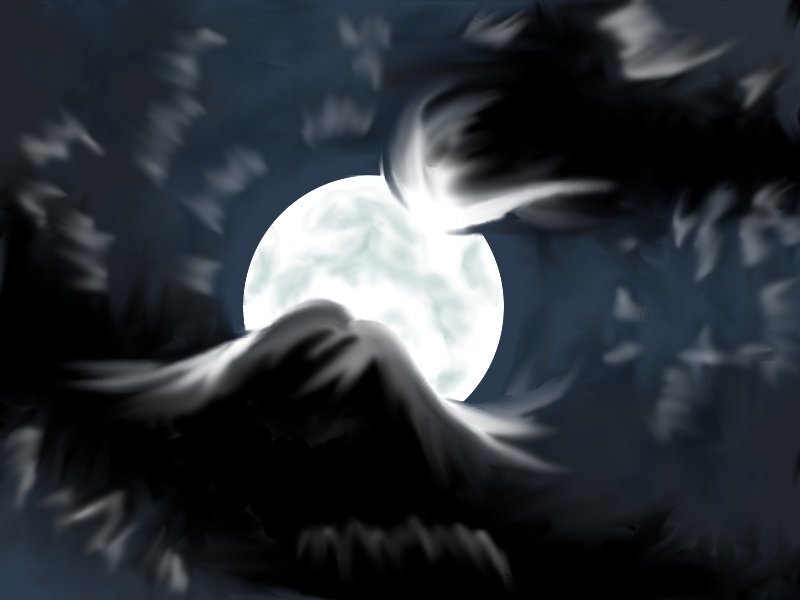 Moon Behind Clouds — Black, Dramatic, Night, Digital Art, Mountain
