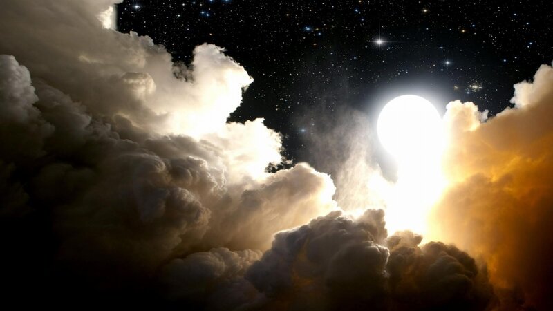 Moon Behind Clouds — White, Dramatic, Night, Digital Art, Stars, Black, Yellow