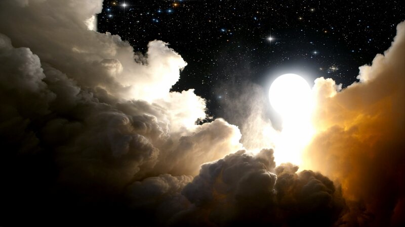 Moon Behind Clouds — White, Dramatic, Night, Digital Art, Stars