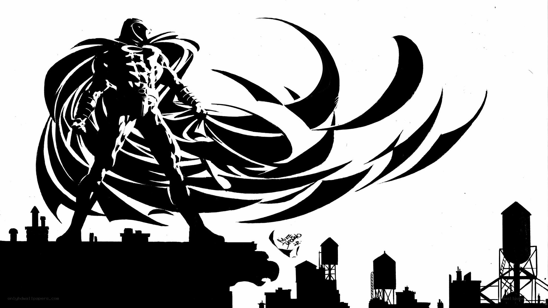 Moon Knight silhouette on rooftop