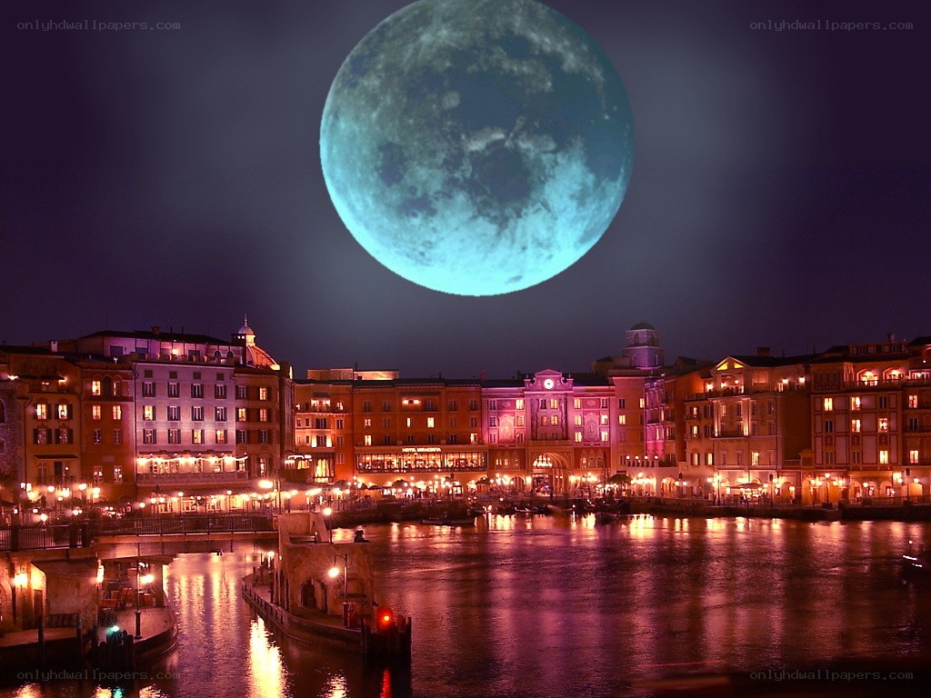 Moon over a canal city