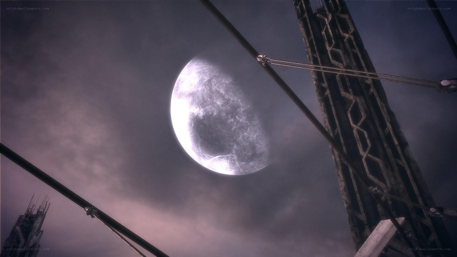 Moon over a futuristic city