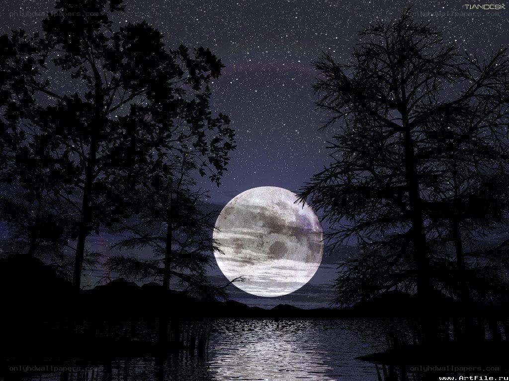 Moon over a lake at night