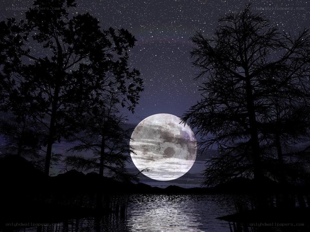 Moon over a lake at night