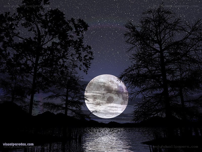 Moon over a lake at night