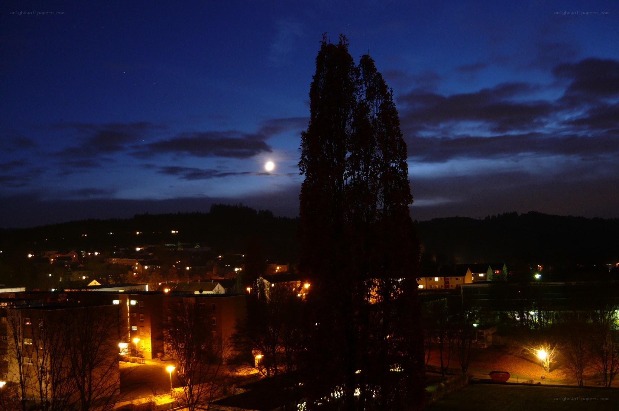 Moon over a quiet town