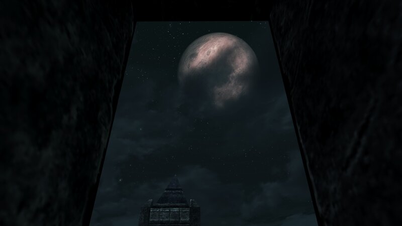 moon over ancient ruins