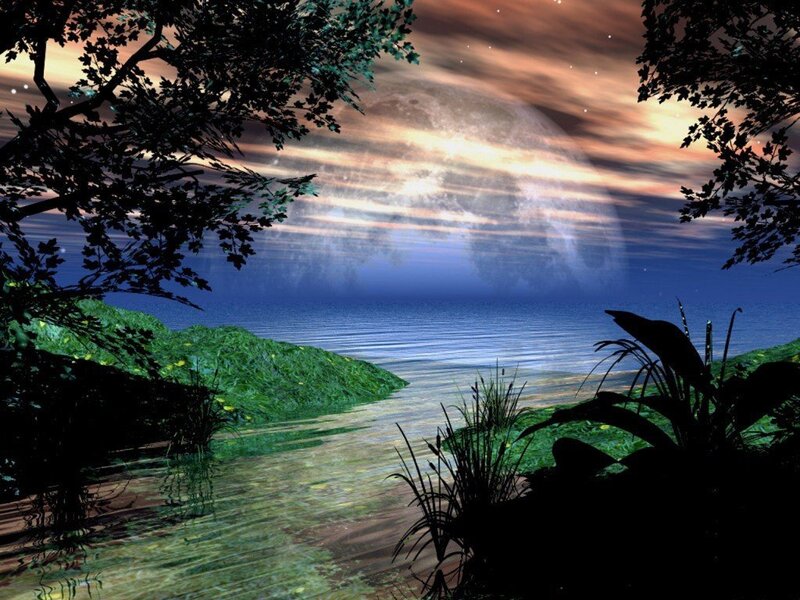 Moon over Calm Water — Blue, Serene, Night