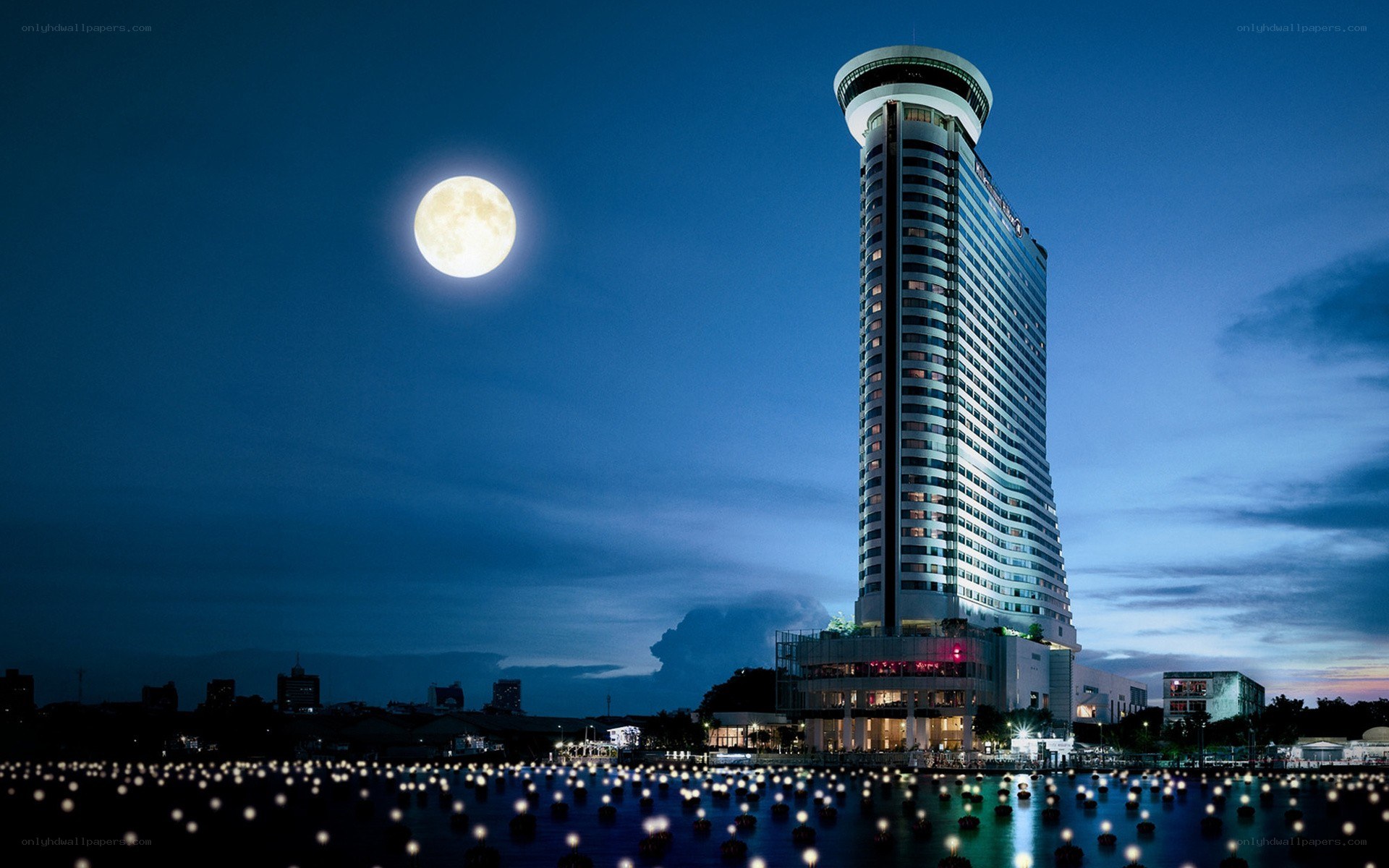 Moon over city hotel