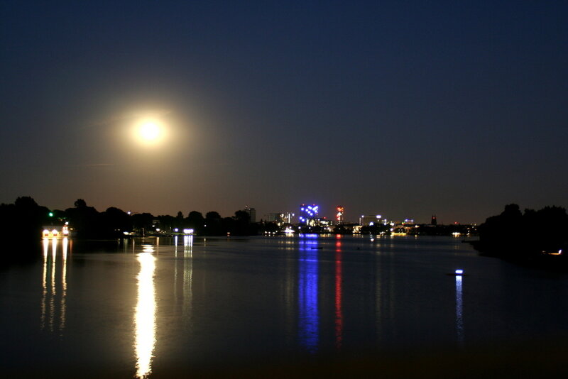 Moon over City Skyline — Blue, Serene