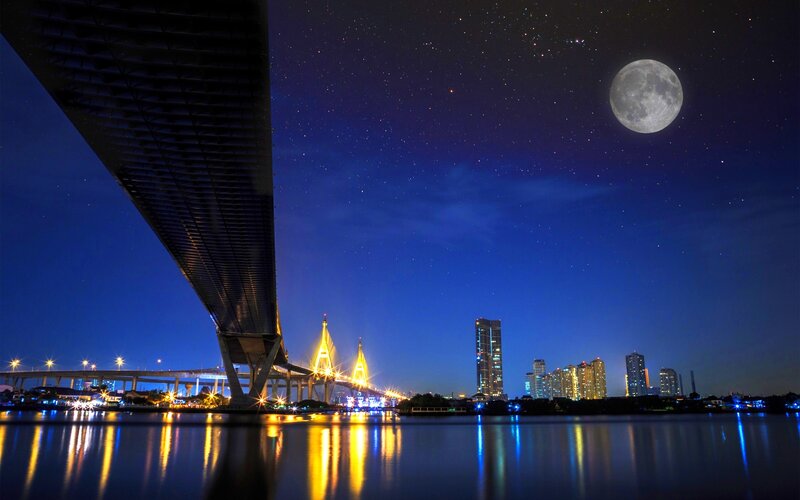 Moon over City Skyline — Blue