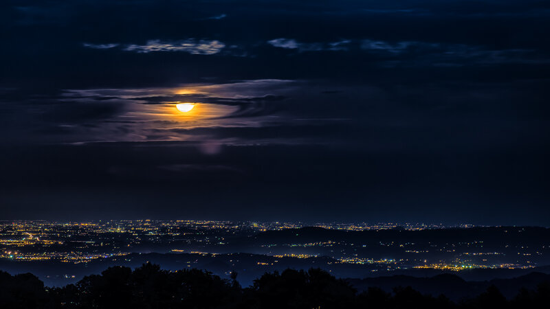 Moon over Cityscape — Blue, Serene
