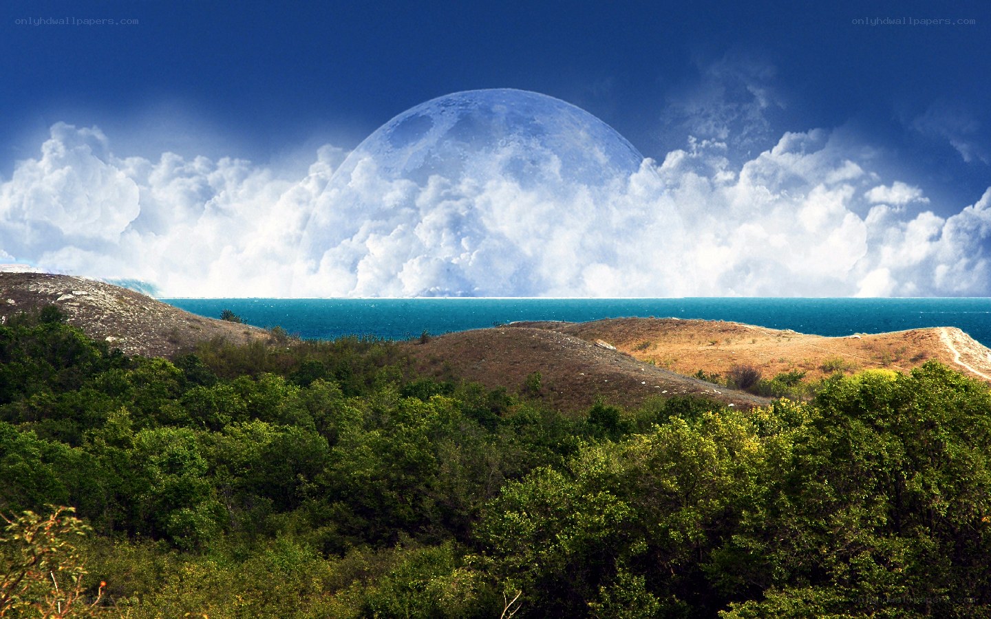 Moon over coastal landscape