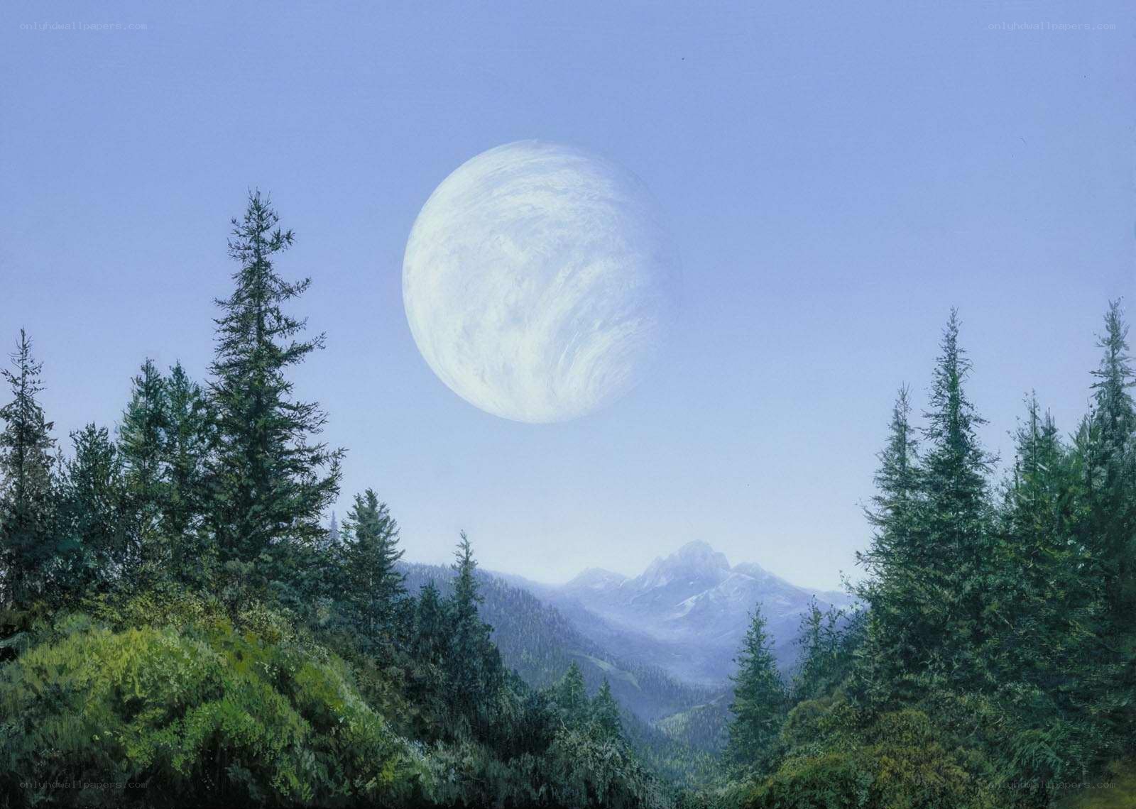 Moon over forested mountains