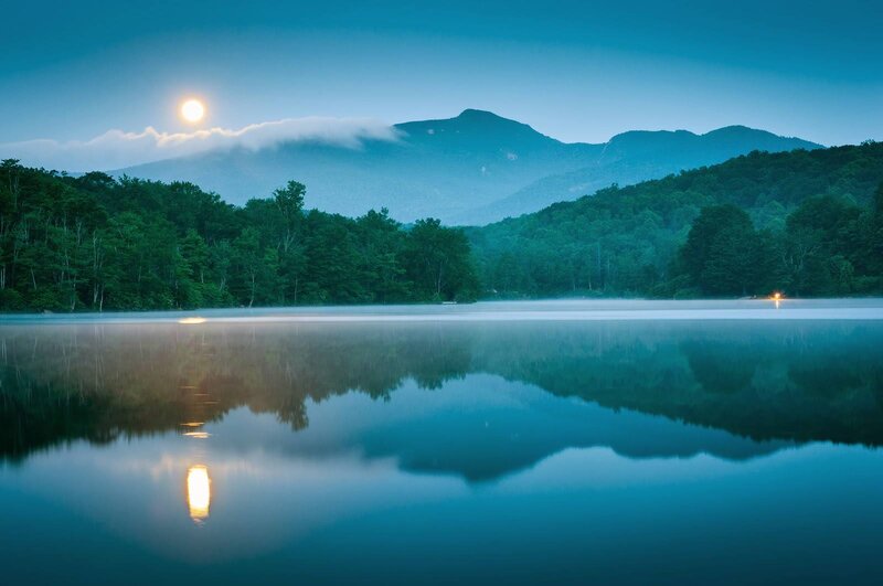Moon over Lake and Mountains — Blue, Serene, Night, Photograph, Trees