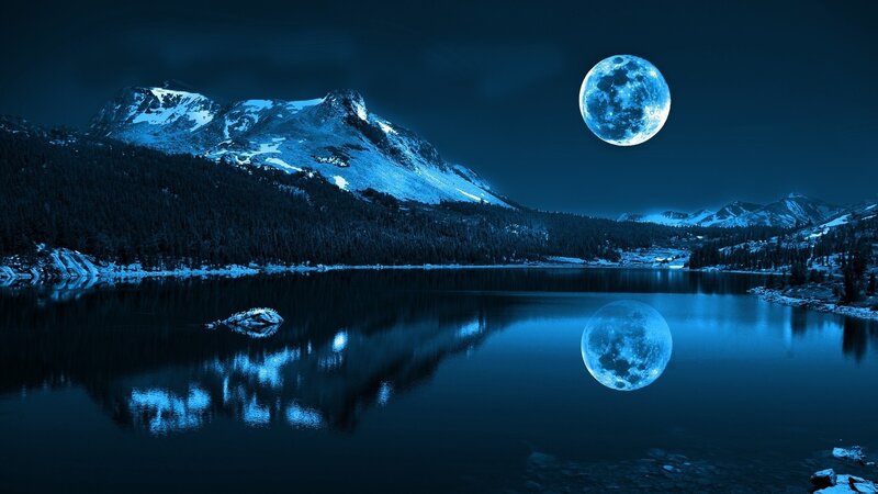 Moon over Lake and Mountains — Blue, Serene, Night