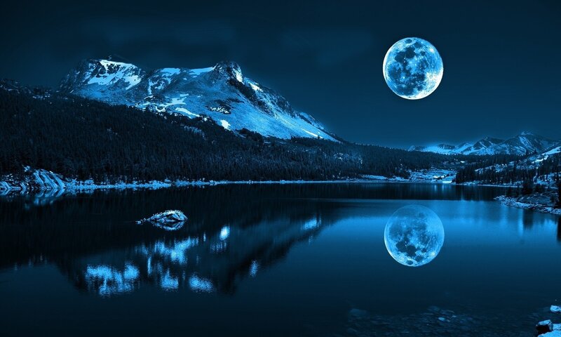 Moon over Lake and Mountains — Blue, Serene