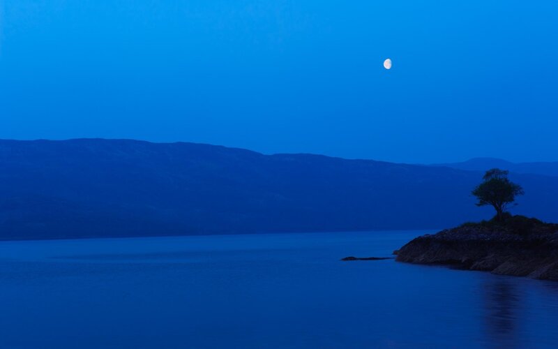 Moon over Lake and Mountains — Blue