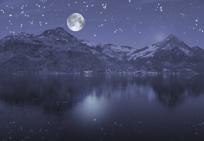 Moon over Lake and Mountains