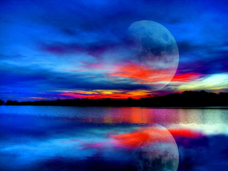 Moon over Lake at Dusk — Blue, Dramatic