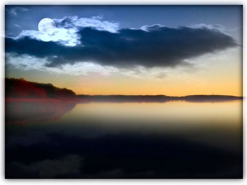 Moon over Lake at Dusk — Blue, Serene, Night