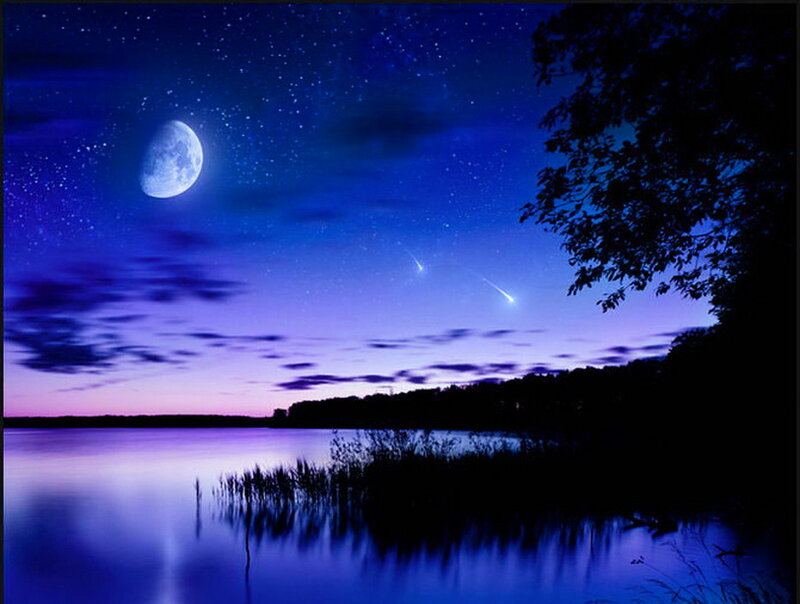 Moon over Lake at Night — Blue