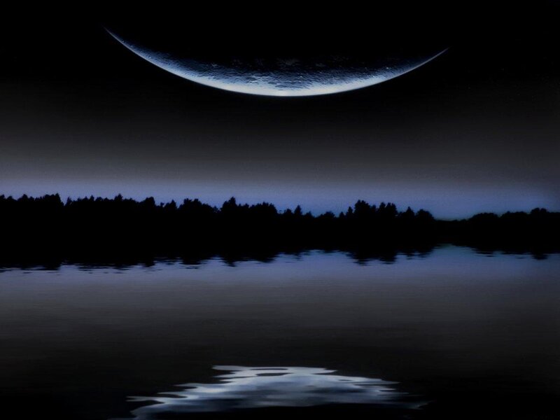 Moon over Lake — Black, Serene