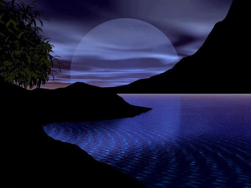 Moon over Lake — Blue, Serene, Night, Digital Art, Mountain