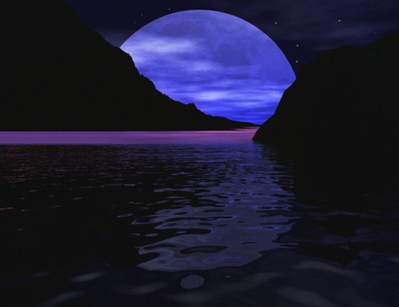Moon over Lake — Blue, Serene, Night, Digital Art