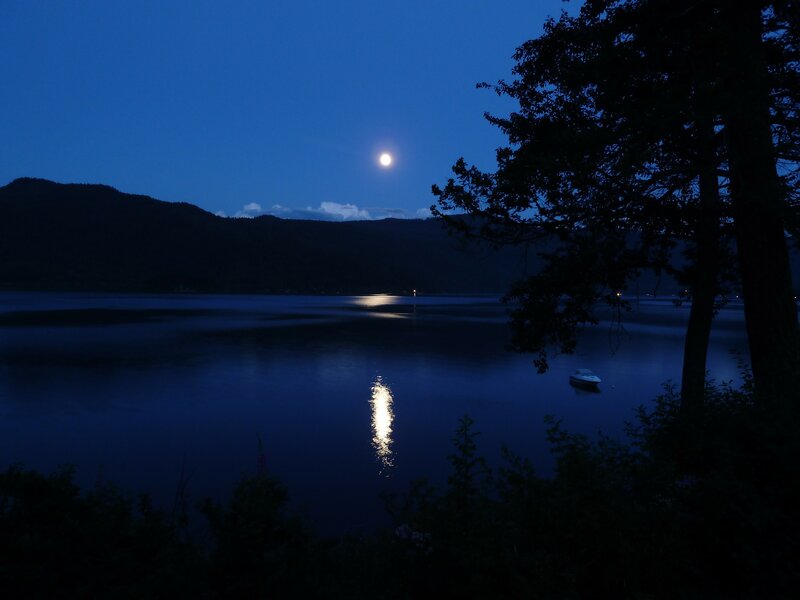 Moon over Lake — Blue, Serene, Night, Photograph, Mountain