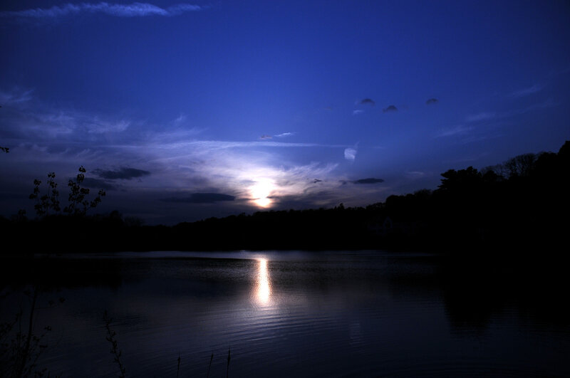 Moon over Lake — Blue, Serene, Night, Photograph, Sky