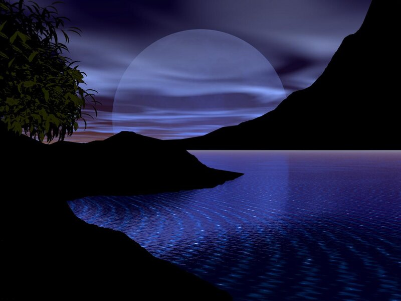 Moon over Lake — Blue, Serene, Night