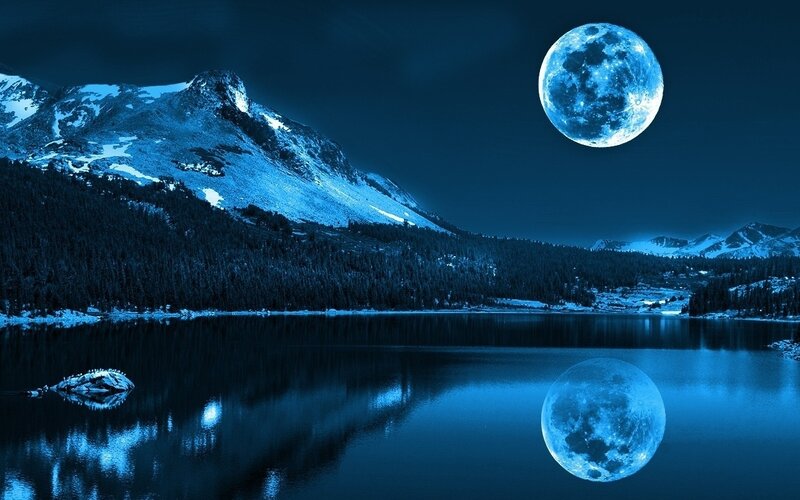 Moon over Mountain Lake — Blue, Serene, Night, Digital Art, Forest