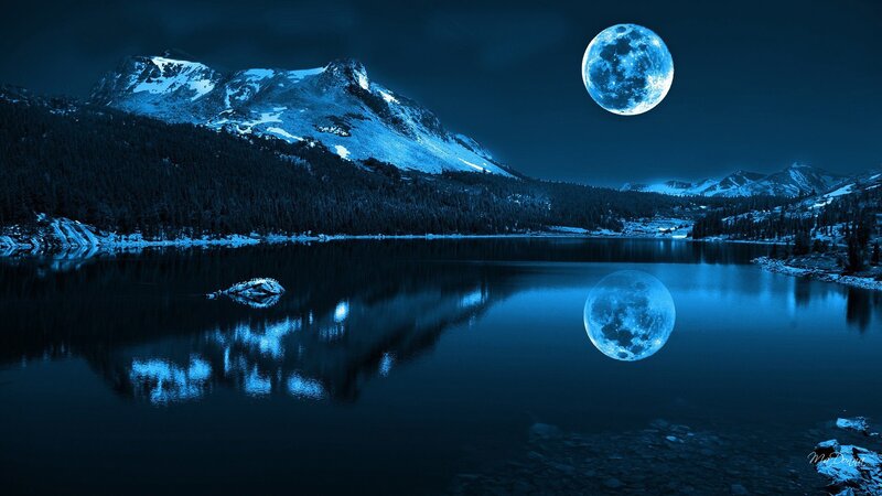 Moon over Mountain Lake — Blue, Serene, Night, Digital Art