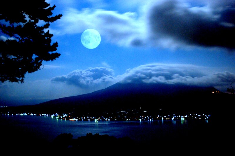 Moon over Mountain Lake — Blue, Serene, Night, Photograph, Clouds
