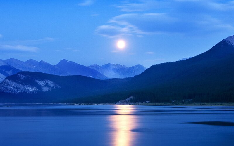Moon over Mountain Lake — Blue, Serene, Night, Photograph