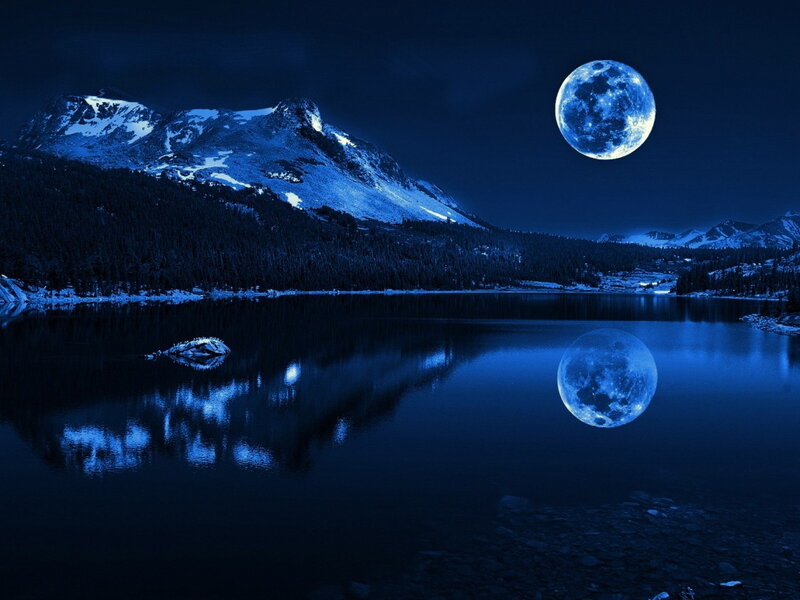 Moon over Mountain Lake — Blue, Serene