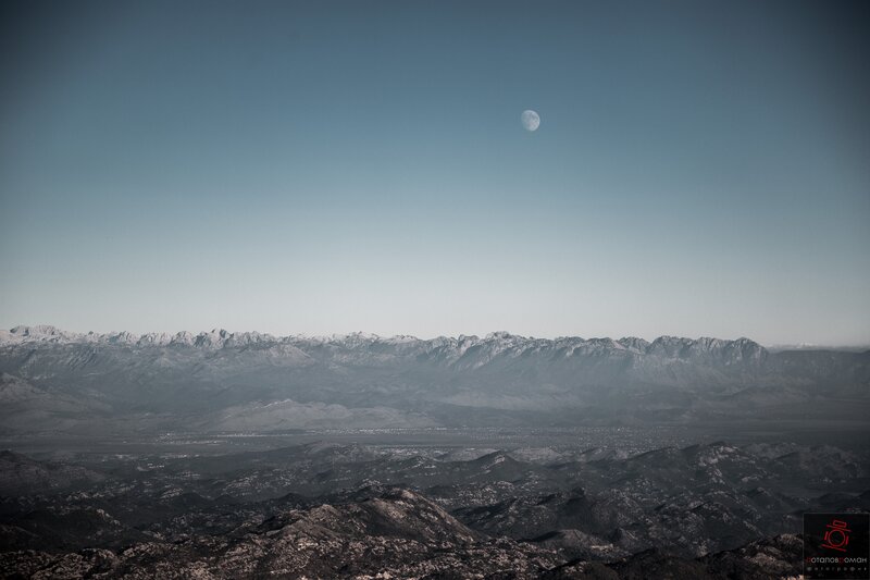 Moon over Mountain Range — Blue, Serene, Night