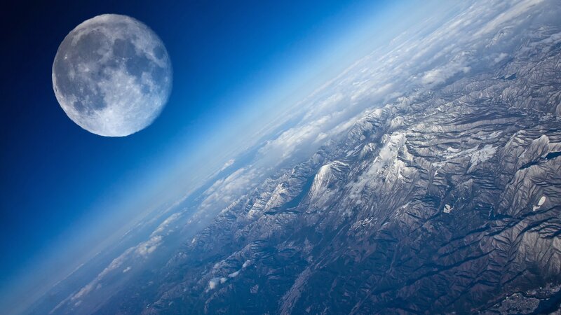 Moon over Mountain Range — Blue, Serene, Photograph, Mountains, Clouds