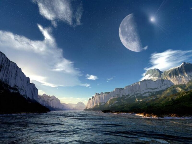 Moon over mountain river