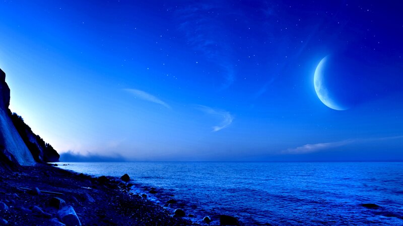 Moon over Ocean at Night — Blue, Serene