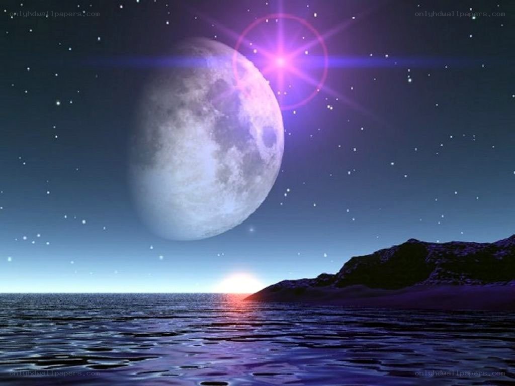 Moon over ocean at night