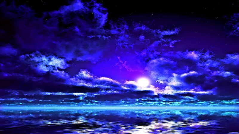 Moon over Ocean — Blue, Dramatic, Night, Digital Art