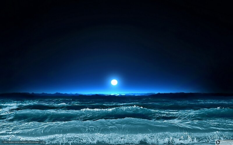 Moon over Ocean — Blue, Dramatic, Night