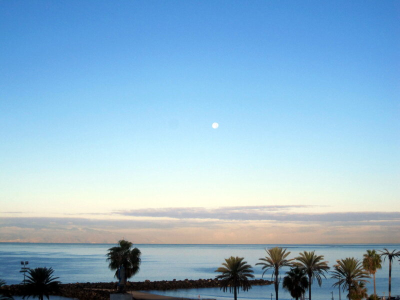 Moon over Ocean — Blue, Serene, Morning