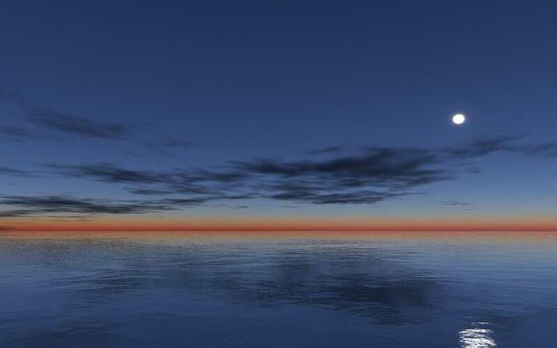 Moon over Ocean — Blue, Serene, Night, 3d Render