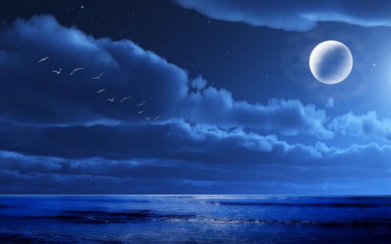 Moon over Ocean — Blue, Serene, Night, Digital Art, Clouds, Birds