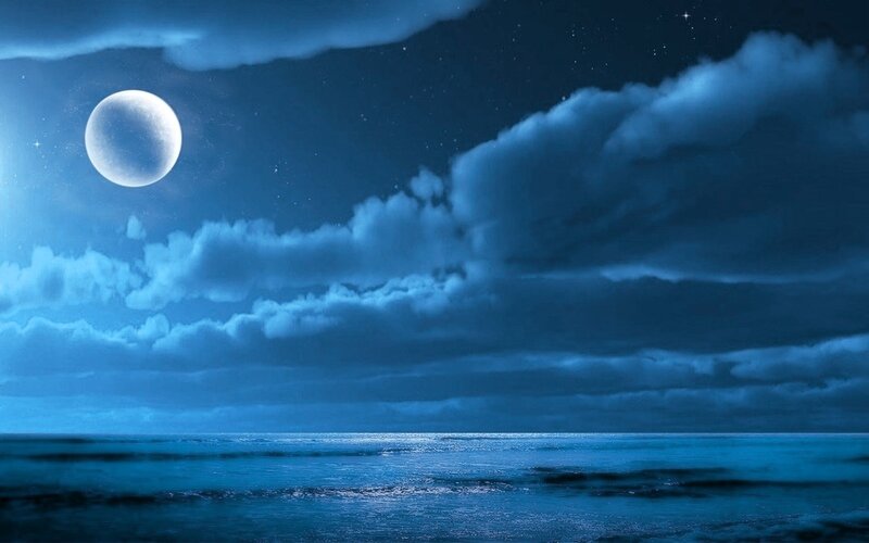 Moon over Ocean — Blue, Serene, Night, Digital Art, Clouds, Stars