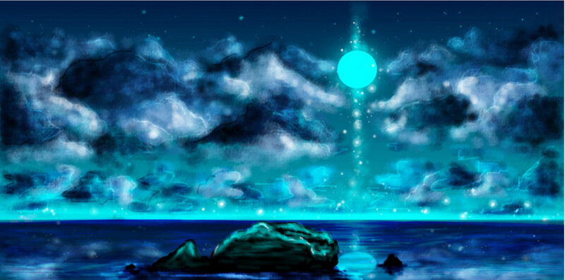 Moon over Ocean — Blue, Serene, Night, Digital Art, Clouds